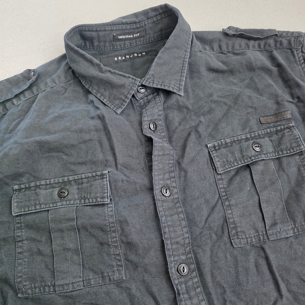 Sean John Mens 2XL Charcoal Gray Linen Blend Utility Short Sleeve Button Shirt